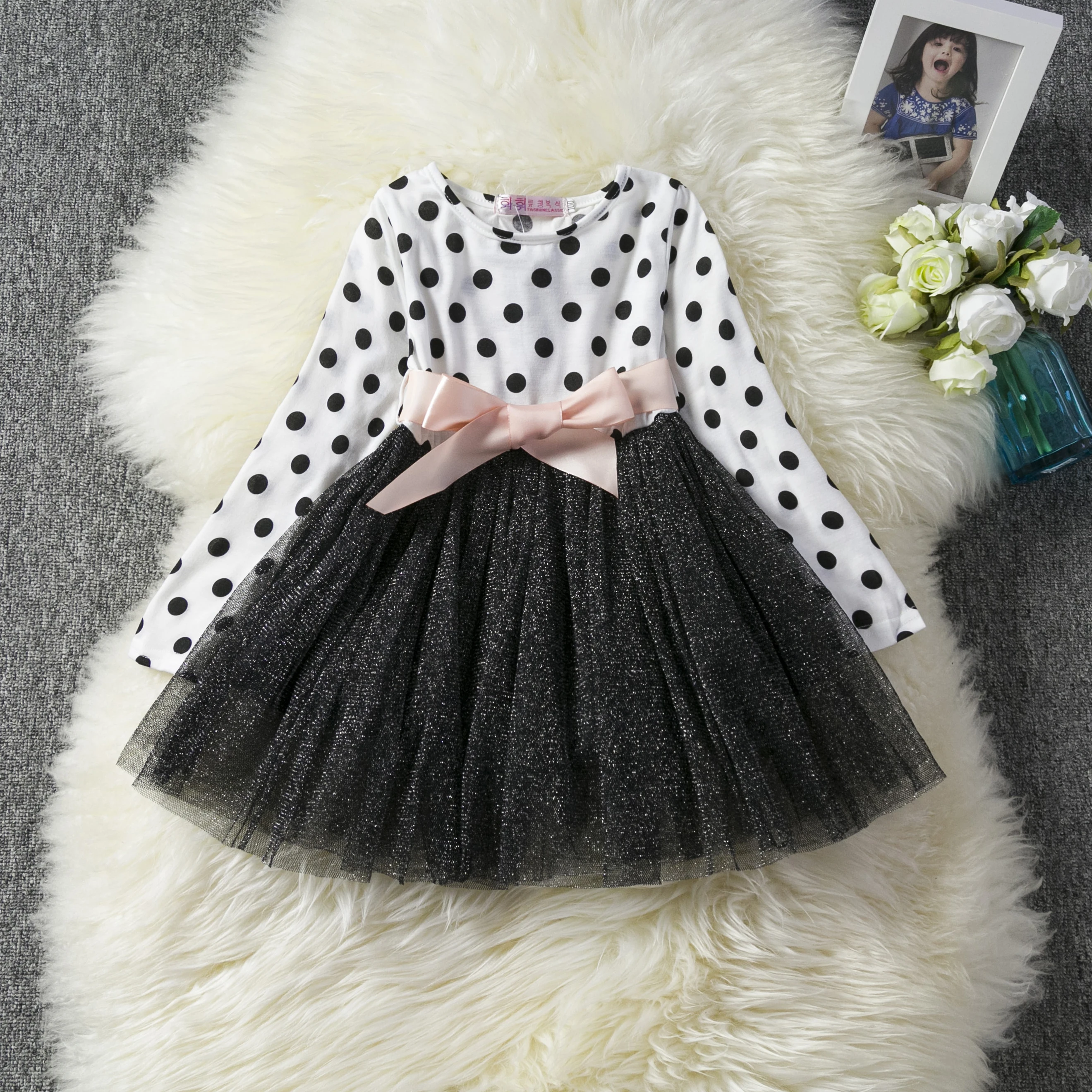 Модные Повседневные платья в горошек для девочек Осенняя детская одежда с