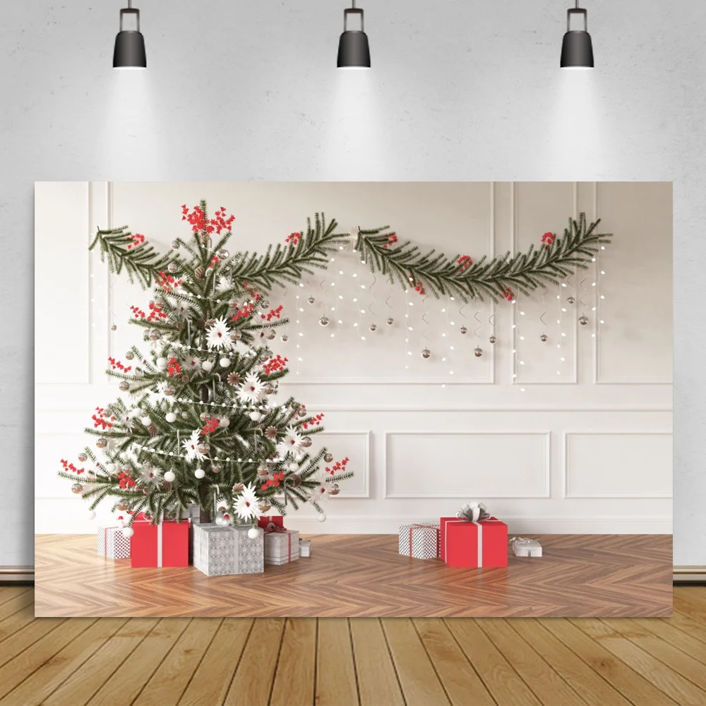 

Laeacco Merry Christmas Tree Chic Wall Living Room Decor Background Banner Gift Boxes Child Portrait Photography Backdrop Poster