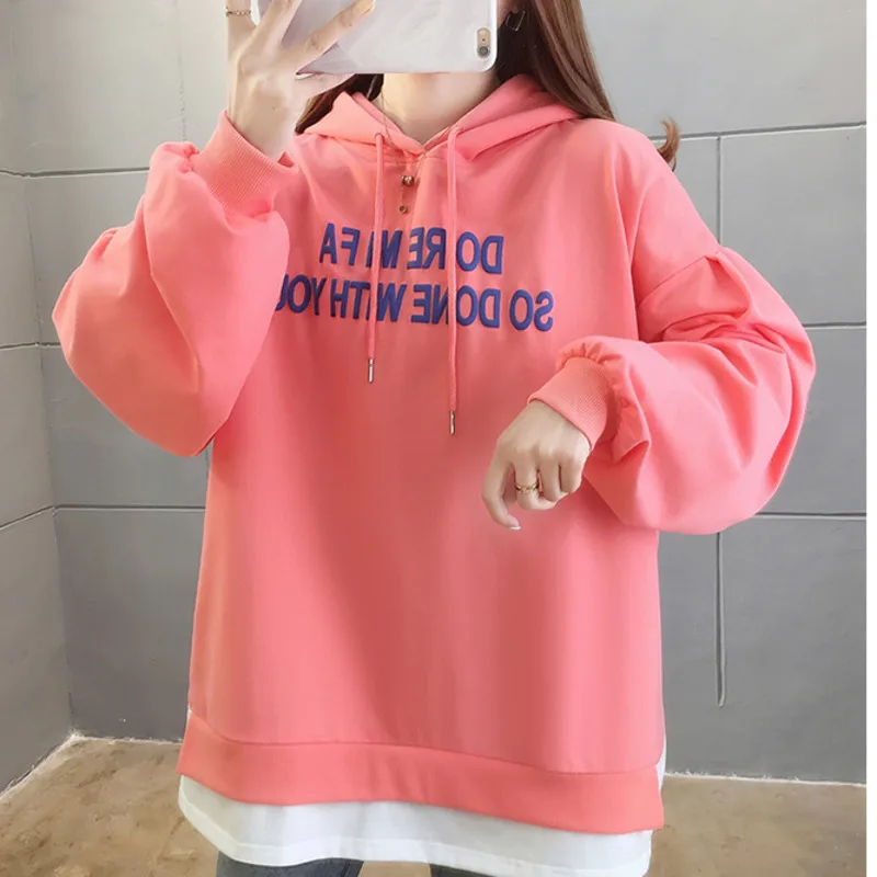 

#1771 Harajuku Hoodies For Women Loose Patchwork Letters Cotton False Two Piece Hooded Sweatshirt Female Loose Harajuku Hoodies