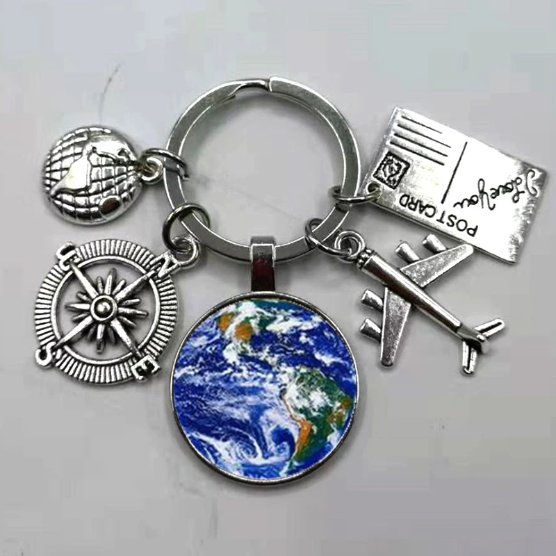 Silver Мир самолет карта брелок для путешествий открытие открыть для себя стеклянный купол Cabachon самолет карта брелок с подвесками для ключей подарок - Цвет: Silver
