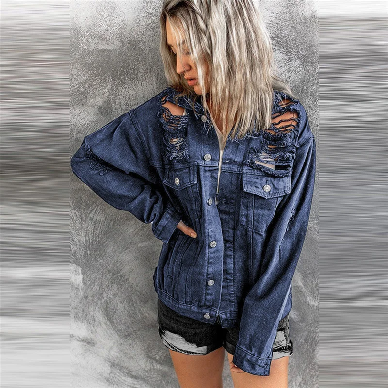 

Solid Color Washed Denim Jacket Women Fashion New Ripped Loose Long Sleeve Coat Casual Hole Turn Down Collar Jackets LC8511514