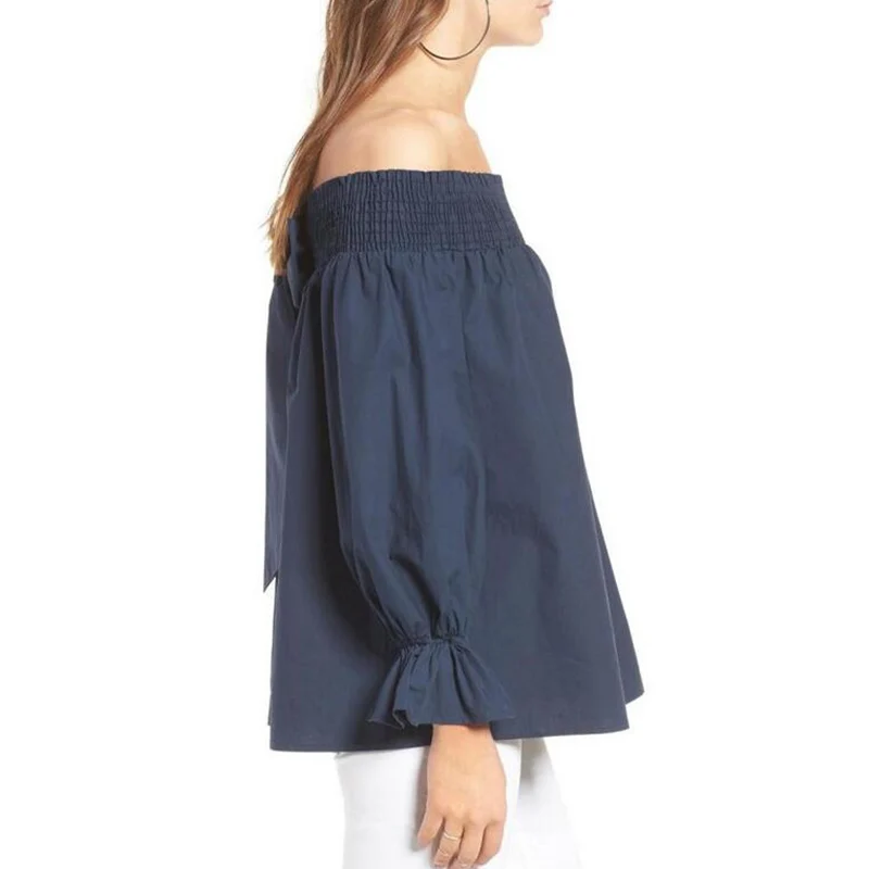 Летние Элегантные женские блузки рубашки рукава бант вырез лодочкой с открытыми