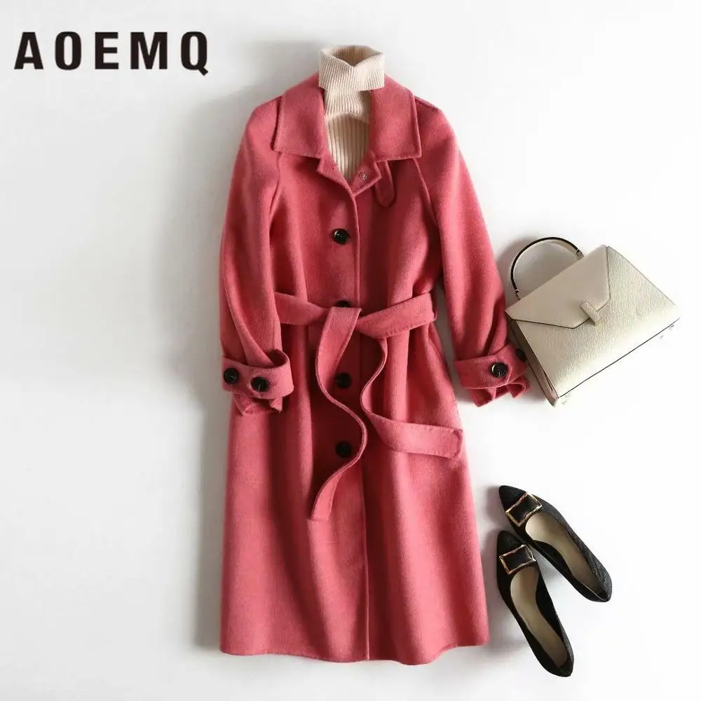 AOEMQ Модные женские макси комплекты осень зима сезон шерсть теплое пальто модель длинное пальто с поясом женский комплект одежды
