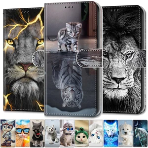 cool animals case for samsung a50 flip leather case na for galaxy a30 a10 a20 s a20e a70 a40 wallet cover lion bear wolf cats free global shipping