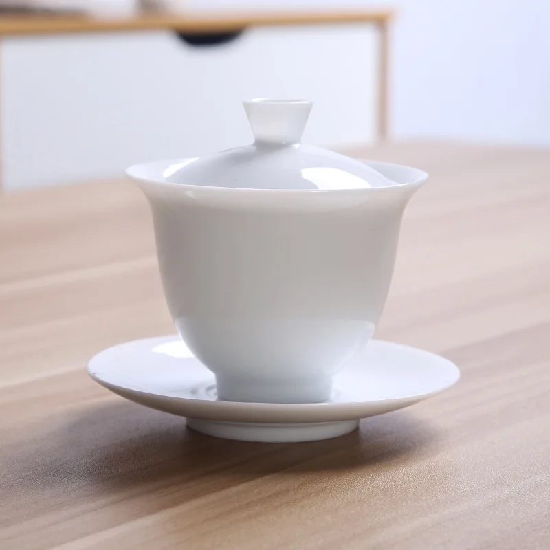 

De Ceramic Whiteware Cover Bowl Large Handmade Jade Mud Kung Fu Three-Force Ceramic Tea Bowl Tea Cup Three-Force Bowl Coffee Mug