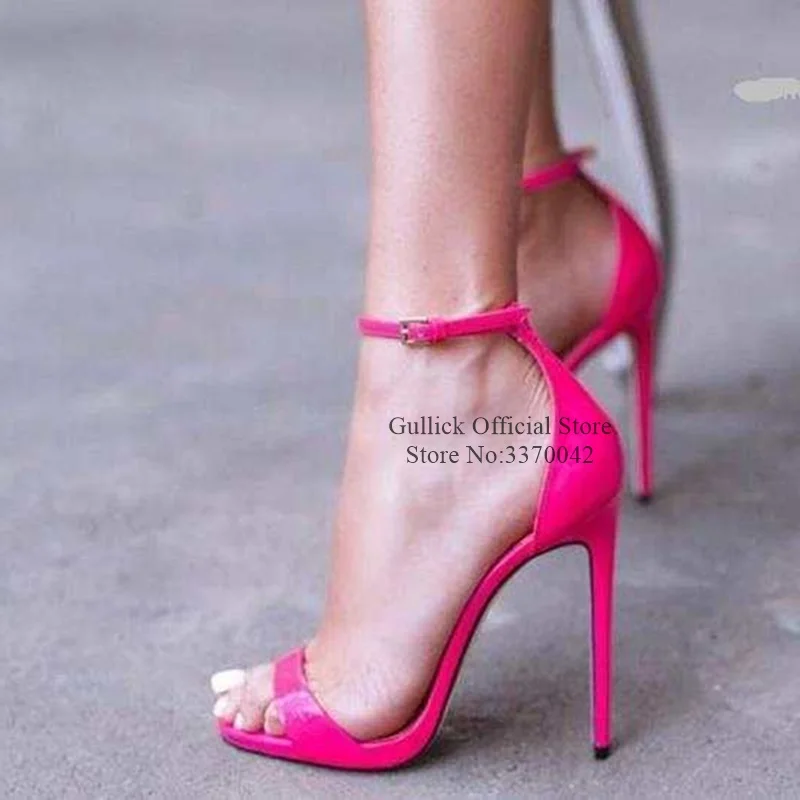 

One Strap High Heel Sandals Pink Black Nude Patent Leather Ankle Buckle Strap Celebrity Shoes Cut-out Stiletto Heel Sandals