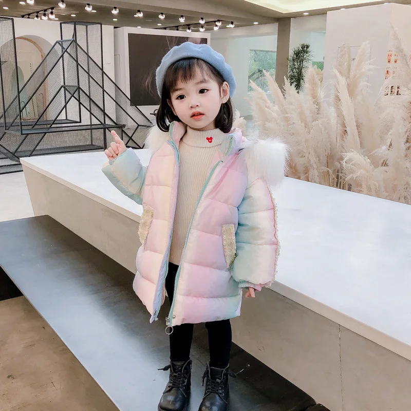 

Girls' Vertical Rainbow Mid-Length Cotton-Padded Coat 2020 Winter Clothes Baby Fashionable Fleece-Lined Cotton-Padded Jacket