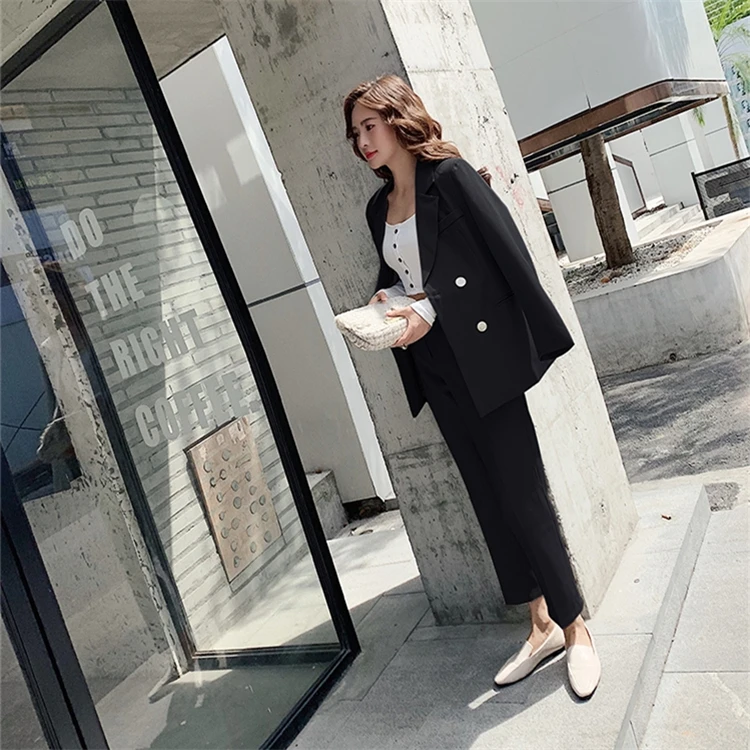 

YOCALOR 2020 New Spring Woman Sets Two Piece Outfits Matching Pants Casual Double Breasted Office Elastic Waist Suit