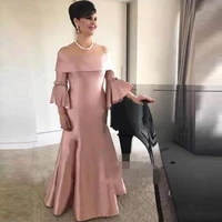 new women long satin mother of the bride dress off the shoulder ruffles 34 sleeve wedding guest gowns ruched floor length robes