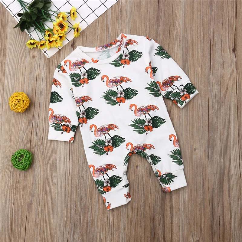 

BY Baby Girl Romper Long Sleeve Jumpsuit Cartoon Flamingo Pattern Round Neck One Piece Long Pants Rompers Toddler Jumpsuit