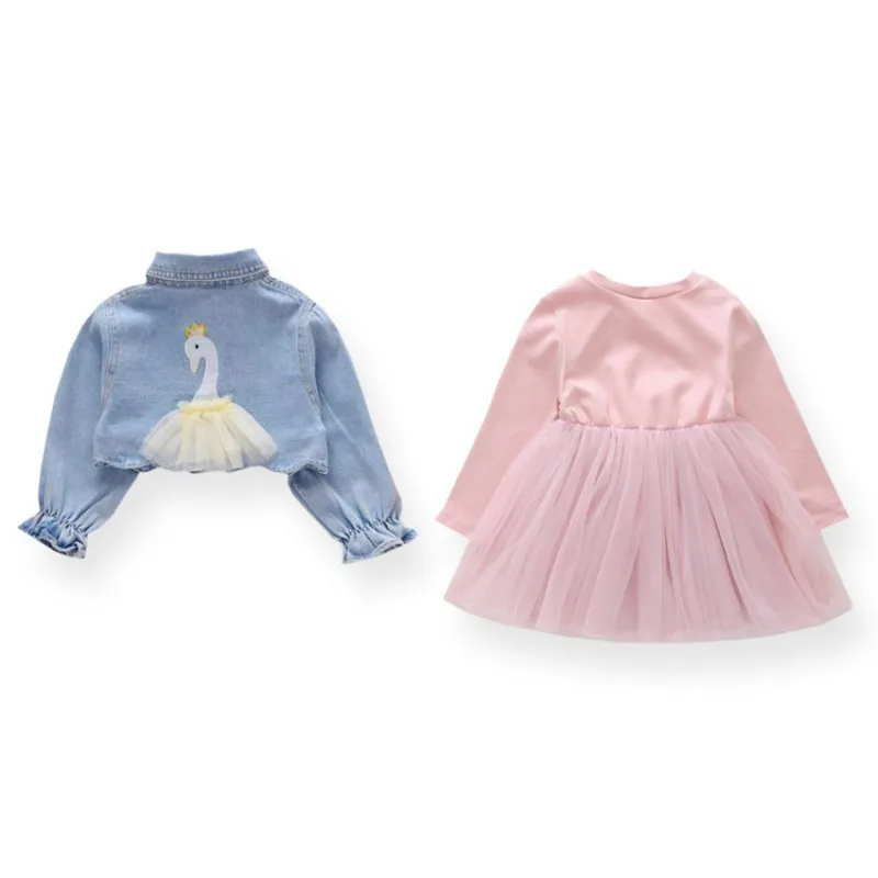 

2021Girls Suit Denim Jacket With Tutu Dress Baby Girl First Birthday Party Wearing Cute Sleeveless Toddler Fashion Girl Suit