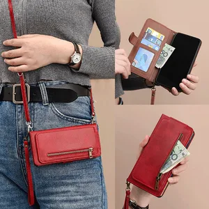 for samsung a70 a20 a30 s8 s9 s10 s20 plus s20 fe s21 ultra crossbody long lanyard card slot book flip case zipper wallet cover free global shipping