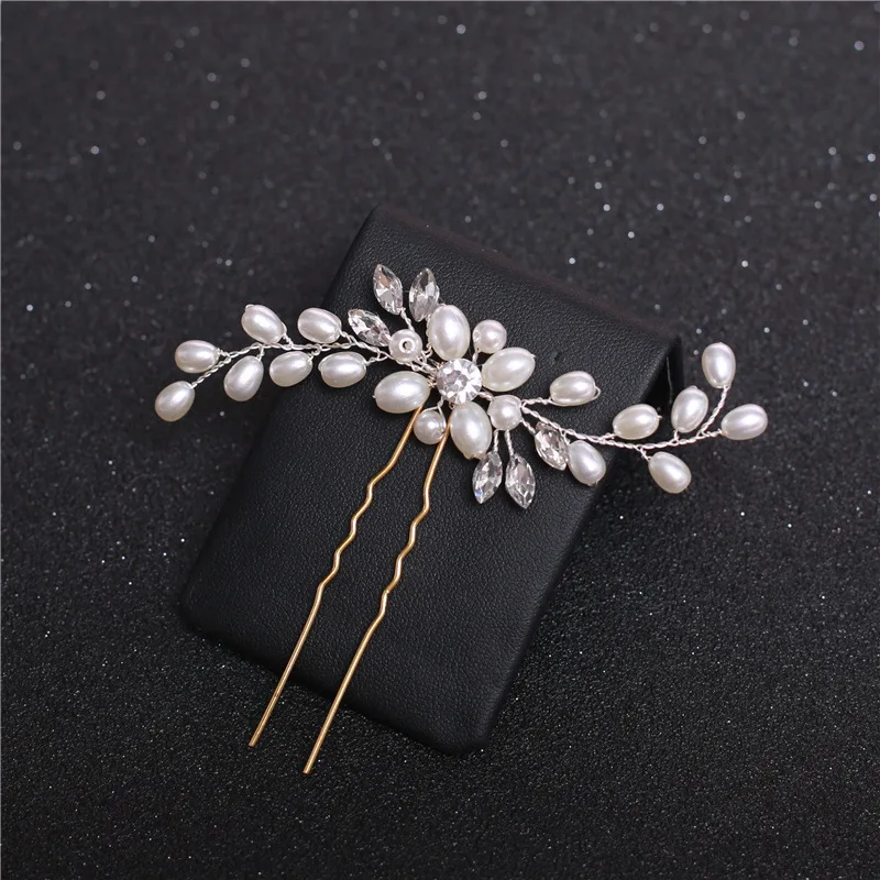 

Fashion Silver Color Design Head Jewelry Pearl Rhinestone Hairpins Stick Crystal Bridal Hair Accessories Women Wedding Hair Clip