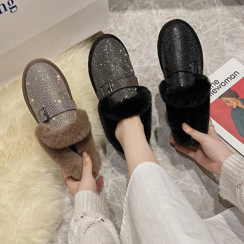 Блестящие женские ботинки с заклепками новые теплые плюшевые зимние на плоской