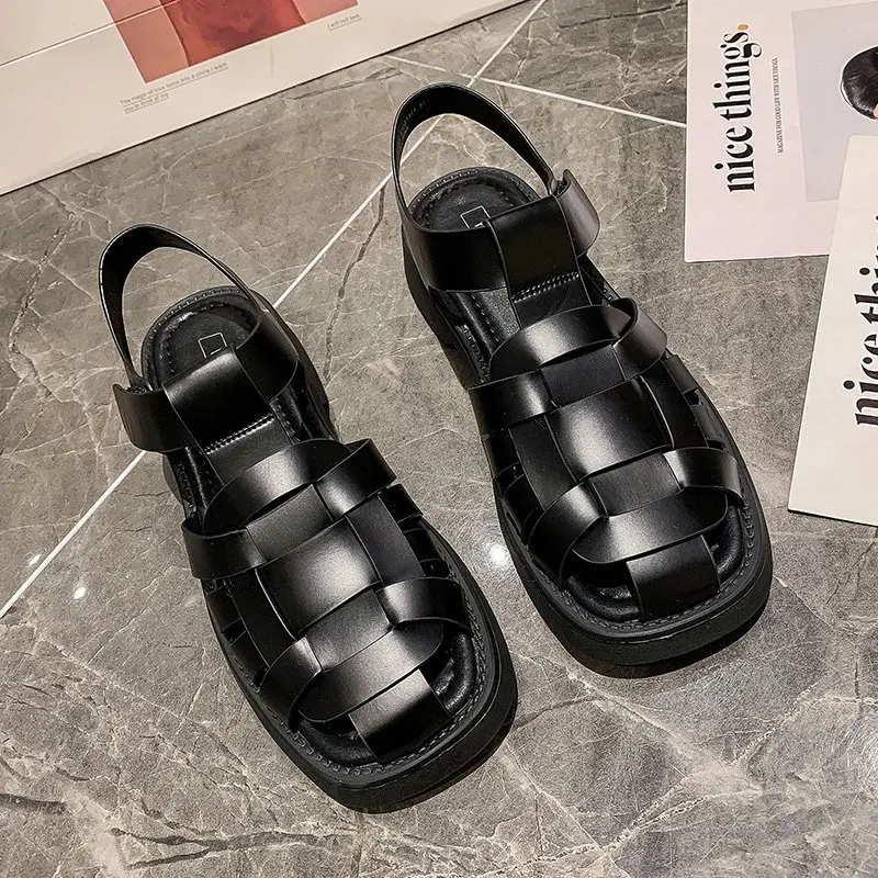 

Shoes Woman Summer Sandals Flats Gladiator Weave Baotou Elegant Medium Heel Gothic Sabot Casual Comfortable Sports Free Shipping
