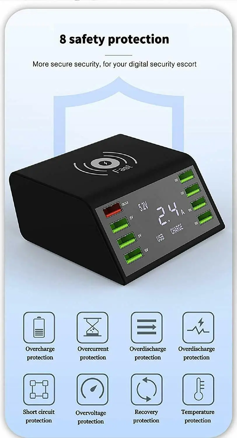 8 портов Быстрая зарядка USB зарядное устройство QC 3,0 умный адаптер питания станция ЖК-дисплей+ беспроводная Быстрая зарядка Eu/US/Au/UK вилка