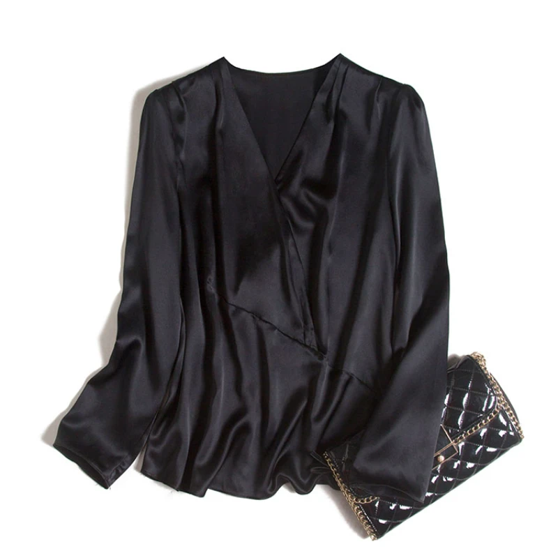 

Shuchan Poplin Blusas Mujer De Moda 2021 Verano Sexy Real Silk High Street V-Neck Solid Tailoring Women Tops and Blouse