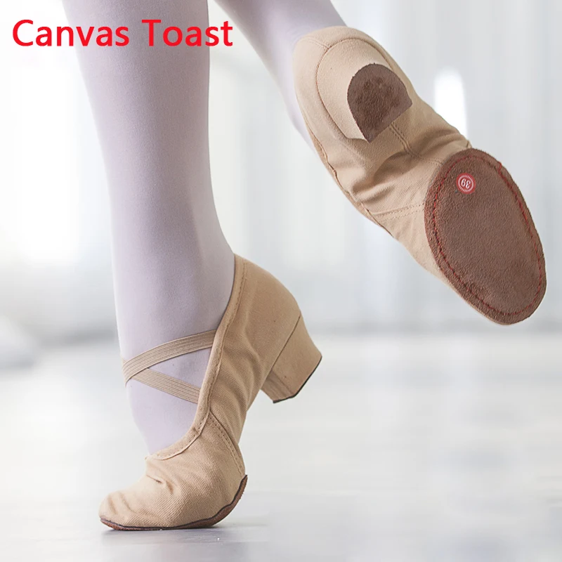 Canvas Toast Качественная танцевальная обувь для женщин; кожаная обувь на среднем каблуке для девочек; балетная обувь для джаза; обувь для танца живота и йоги; обувь для латинских танцев; обувь для учителя - Цвет: Canvas Toast