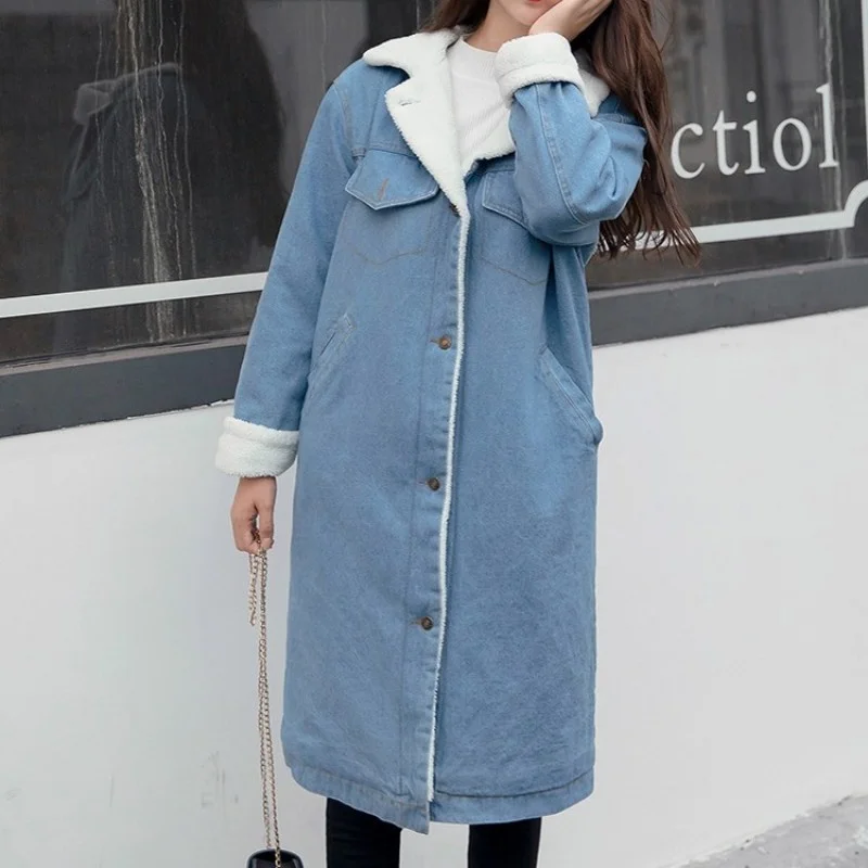 

Fashion Loose Lambswool Denim Coat Women Autumn Winter Long Thick Warm Jacket Streetwear Single Breasted Jean Outerwear S-2XL