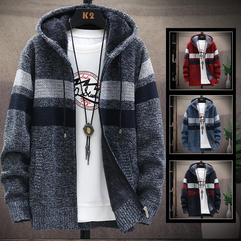

Winter Cardigan Sweater Men Coats Thick Hooded Cardigan Men Sweater Striped Mens Clothes Sweaters Cardigans 2021 M-3XL