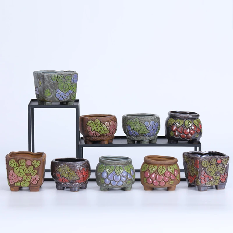 

Pastoral Hand Painted Grape Ceramic Succulent Flowerpot Korean Handmade Desktop Green Plant Potted Home Creative Gardening