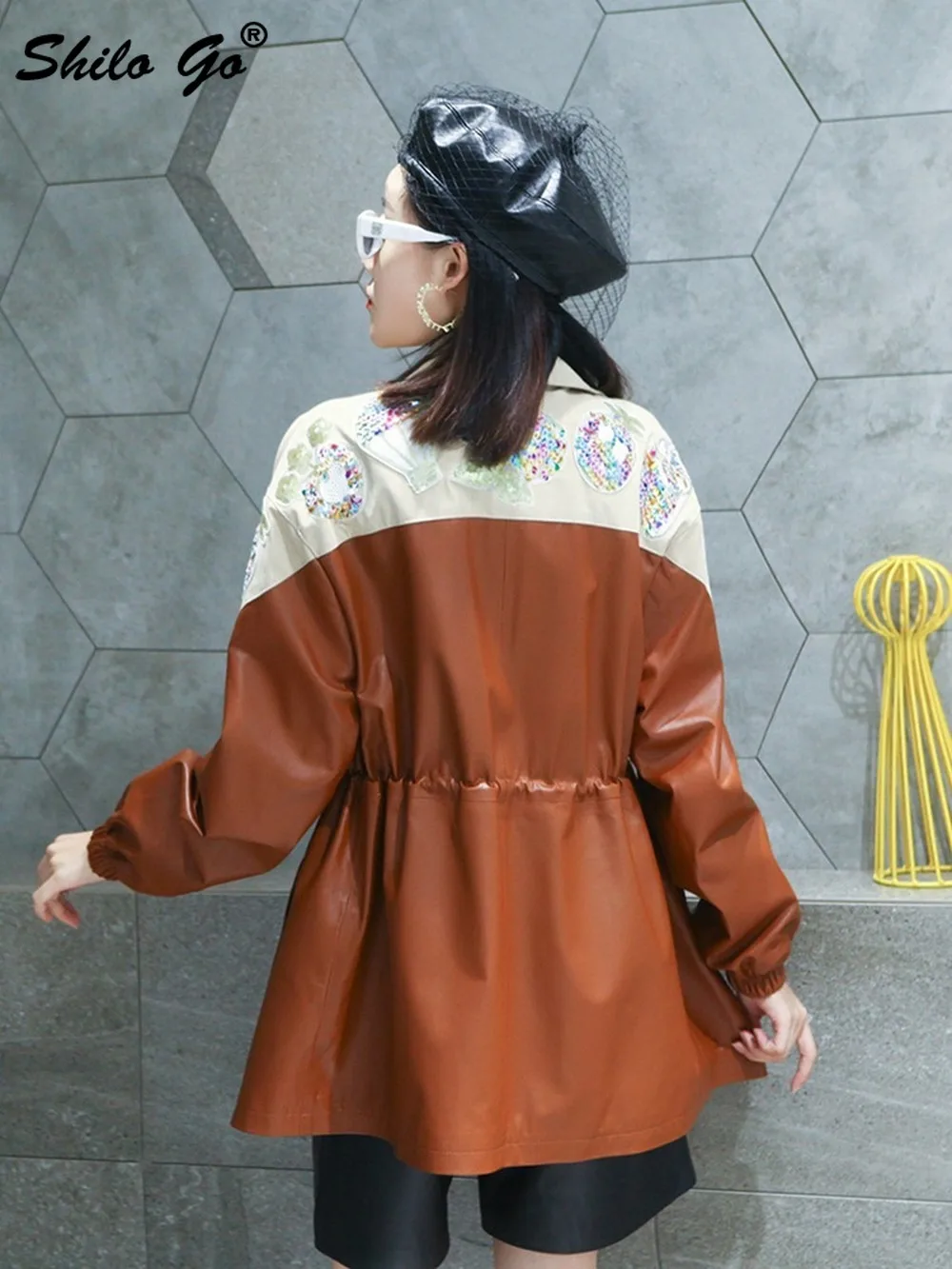 

Peter Pan Collar Embroidery Beading Drawstring Waist Coat Women Casual Color Block Genuine Leather Jakcet Sheepskin Outwear