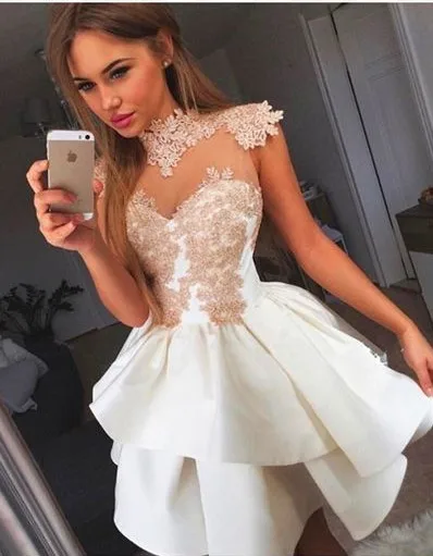 

High Neck Lace Applique Prom dress Tiered Satin Homecoming Dresses 2019 Sleeveless Party Dresses vestidos de graduacion