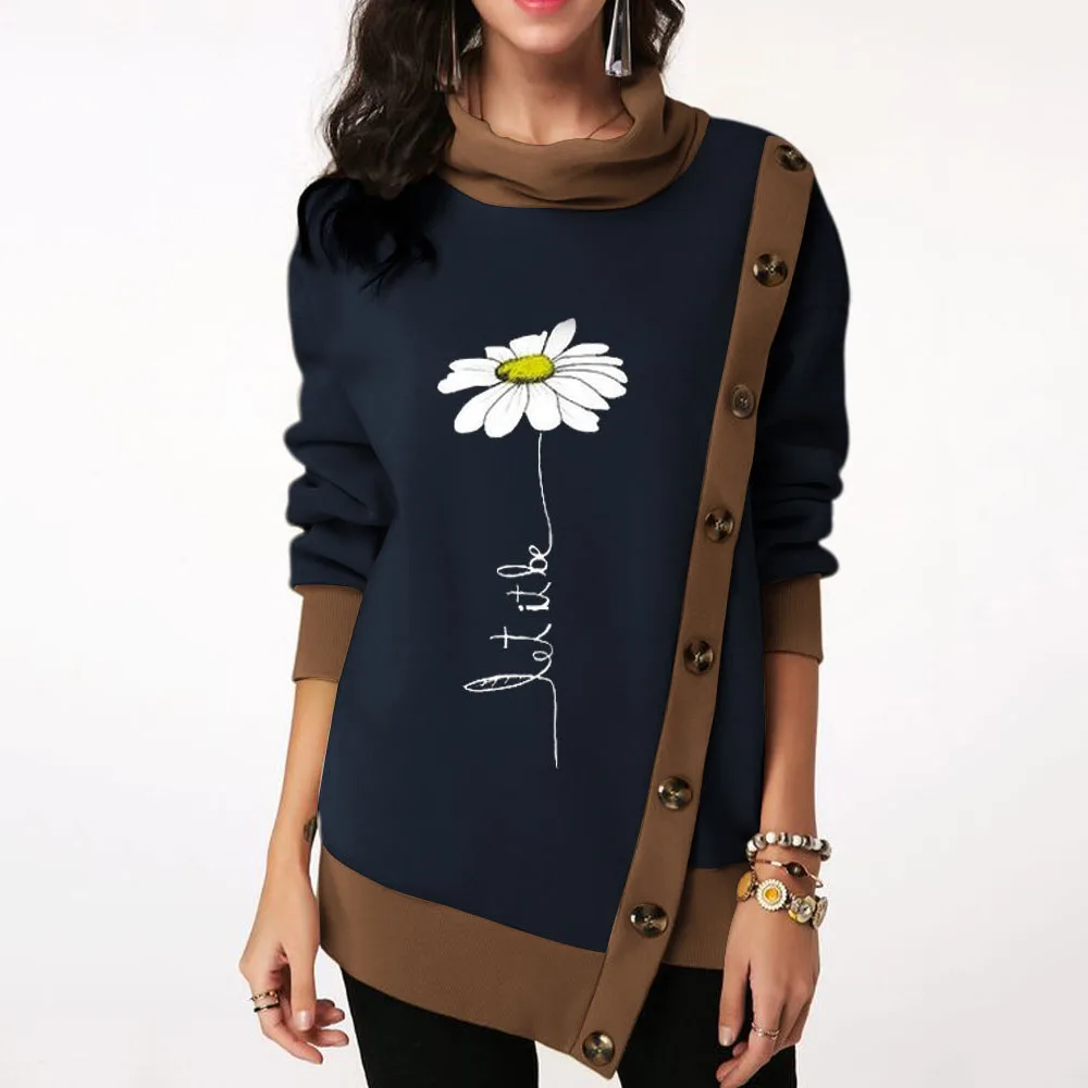 blue flower Модная женская толстовка с капюшоном на осень и зиму, Необычные пуговицы, Лоскутная блуза, негабаритные толстовки, офисное ретро пальто, 4XL 5XL - Цвет: blue flower