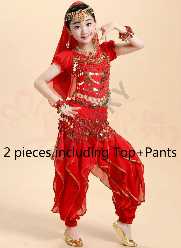 red 2pcs Арабский танец живота с блестками, профессиональный костюм для танца живота, детские костюмы, Детский костюм, комплект для взрослых и детей, топ, штаны - Цвет: red 2pcs