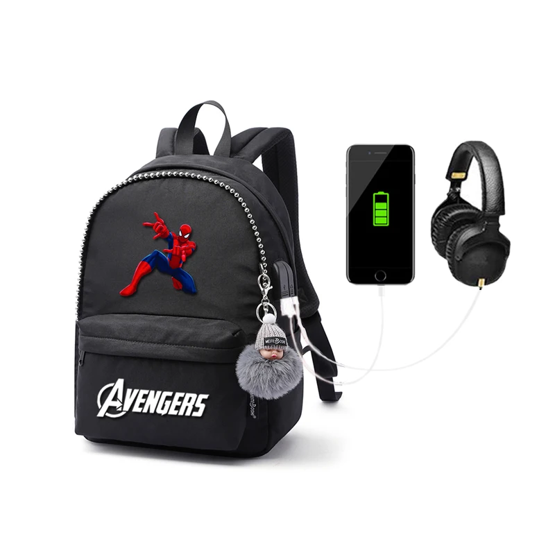 Вместительный рюкзак MARVEL для мальчиков и девочек, школьный ранец с USB-зарядкой, детский дорожный водонепроницаемый рюкзак для книг с принто...