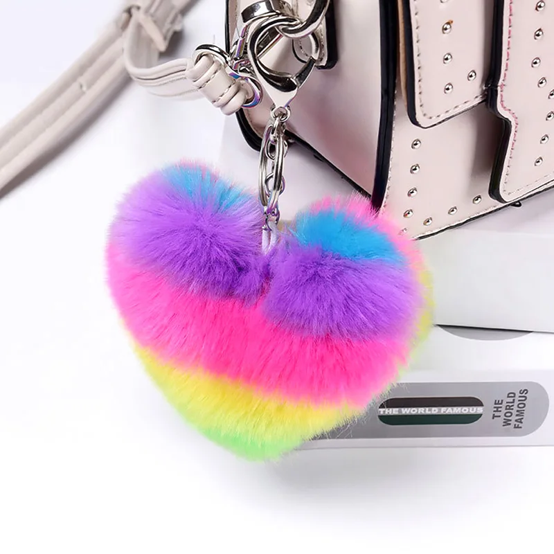 Брелок для ключей Модный милый держатель в форме сердца с помпоном красочная