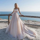 Женское свадебное платье на бретельках, Прозрачное платье цвета шампанского с кружевной аппликацией на завязках, пляжное платье невесты