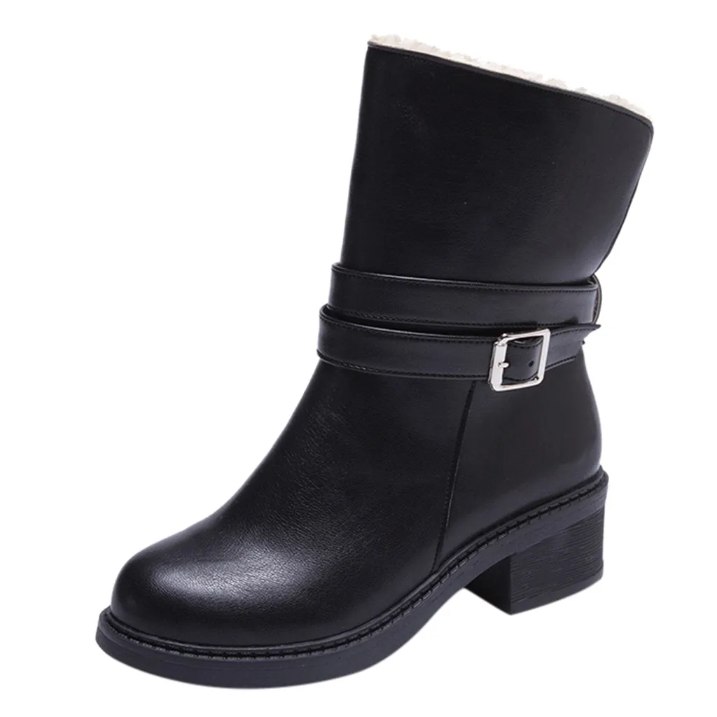 Модные Женские однотонные ботинки средней высоты с пряжкой и ремешком теплые