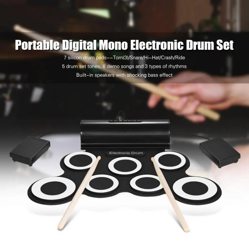 Portable Roll Up Electronic Drum Set 7 Silicon Pads Built-in Speakers with Drumsticks Sustain Pedal Support USB MIDI 2 Colors | Спорт и