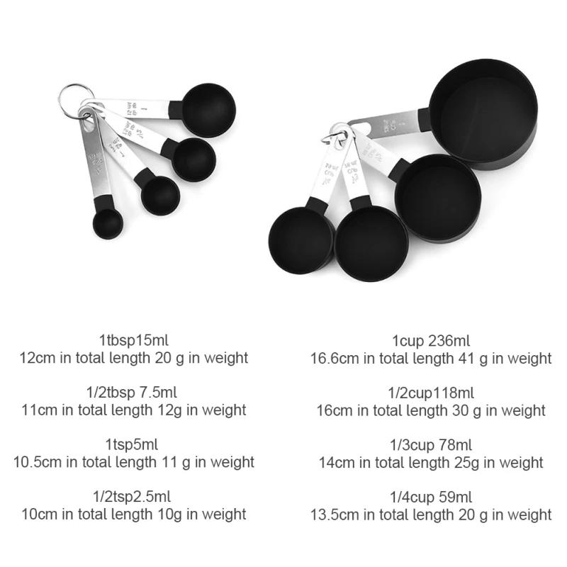 

8-piece Black Measuring Tool-4 Measuring Cups / 4 Measuring Spoons Nylon Measuring Cup And Measuring Spoon With Metal Handle Set