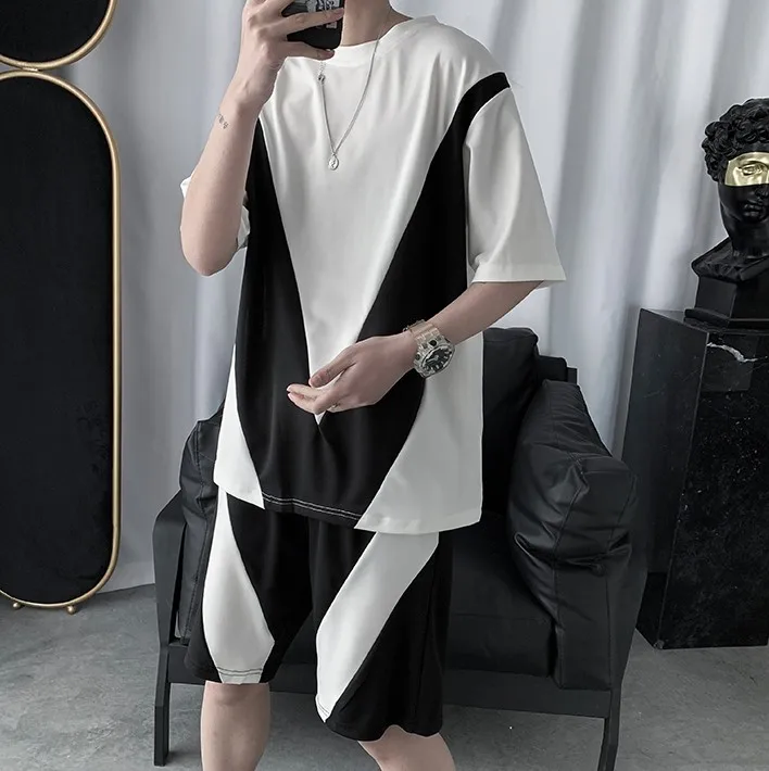 

Men Sets Summer Patchwork Tees Tops Shorts 2 Pics Beach Casual Holiday Korean Trendy Loose Cozy Breathable Hip-hop Retro
