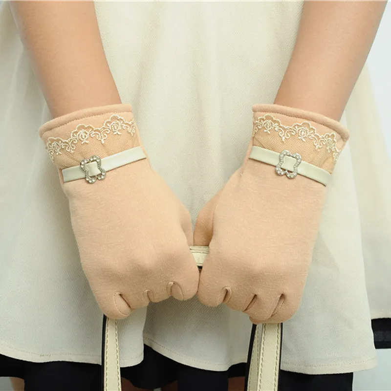 

New Female Autumn Winter Non-Inverted Velvet Cashmere Full Finger Warm Lace Gloves Women Cotton Touch Screen Gloves