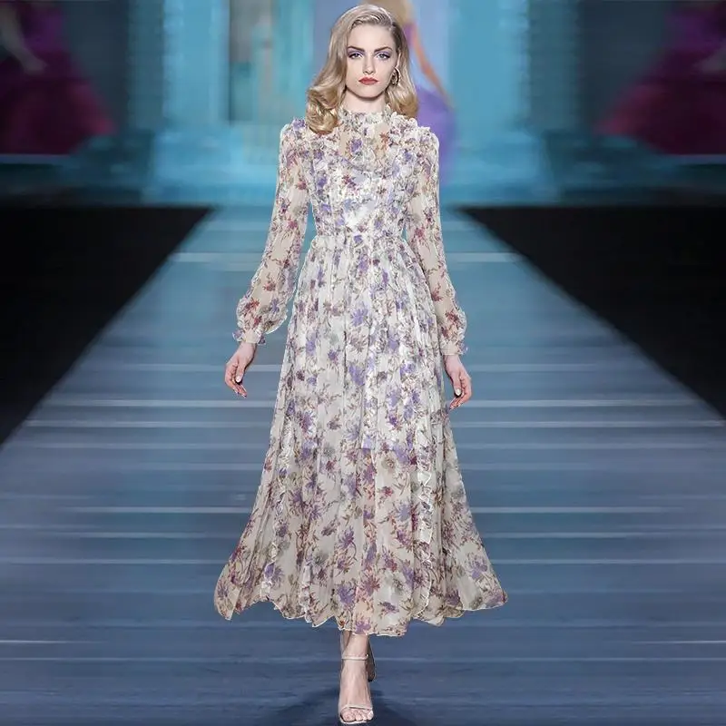 

Круглый вырез, длинные рукава тяжелый с оборками с принтом создает с завышенной талией платье шифоновое платье 2021 весенняя одежда