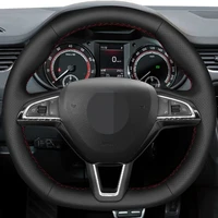 diy black genuine leather%c2%a0car accessories steering wheel cover for skoda octavia 2015 2019 fabia kodiaq citigo superb scala