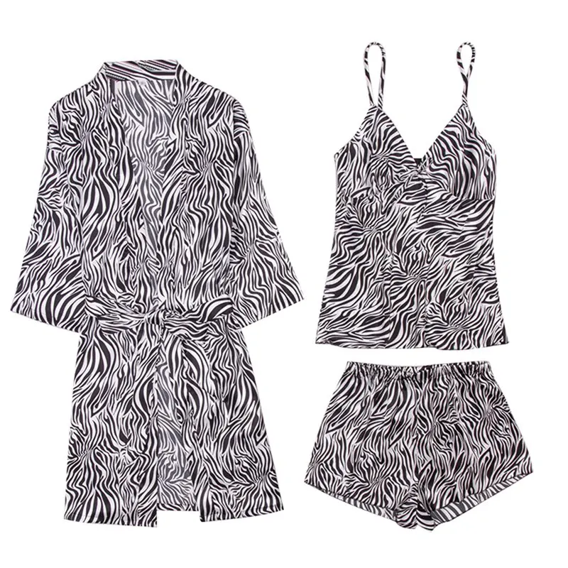 

Spring Summer Women Silk Pajamas Sets Print Pijama Sleepwear 3 Pieces Sexy Spaghetti Strap Satin Pyjamas