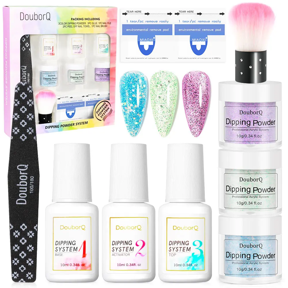 Dip Nail Powder Set Gray Blue Purple Dipping Polish Chrome Dust Nail Art Glitter Sequins Kit Decoration