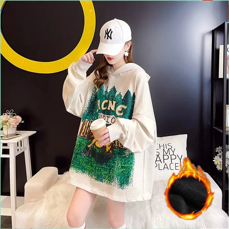

Autumn Winter Sweatshirt Women's New Hooded Print Pullover Loose Fashion Commuter Plus Velvet Thick Femme Blouse Female 590
