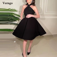 verngo black knee length prom dresses halter matte satin beads puffy skirt party dress saudi arabic women gowns plus size