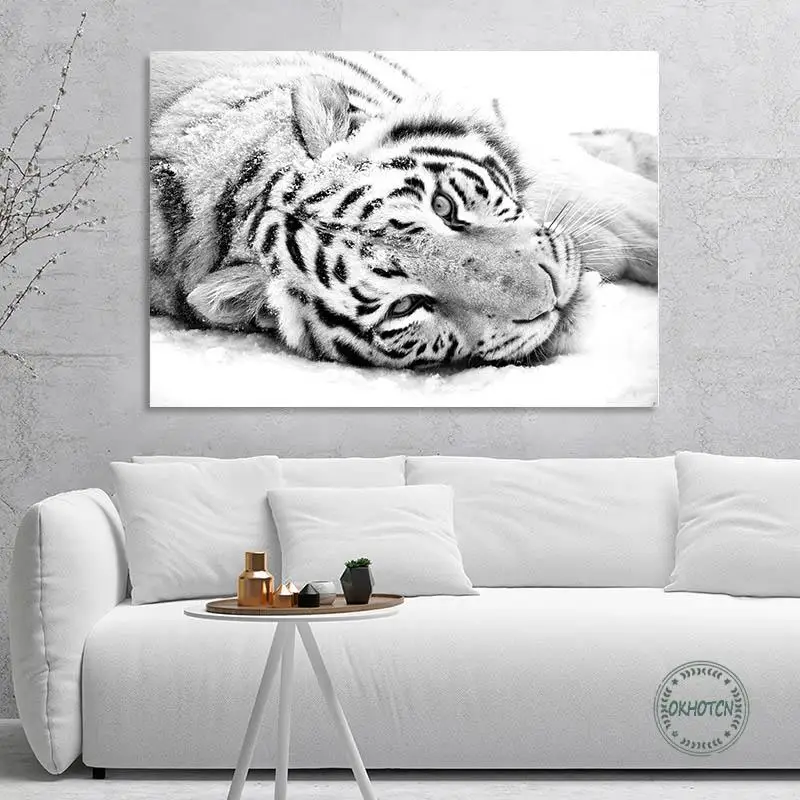Плакат и печать черного белого снега тигра настенное искусство холст картина в