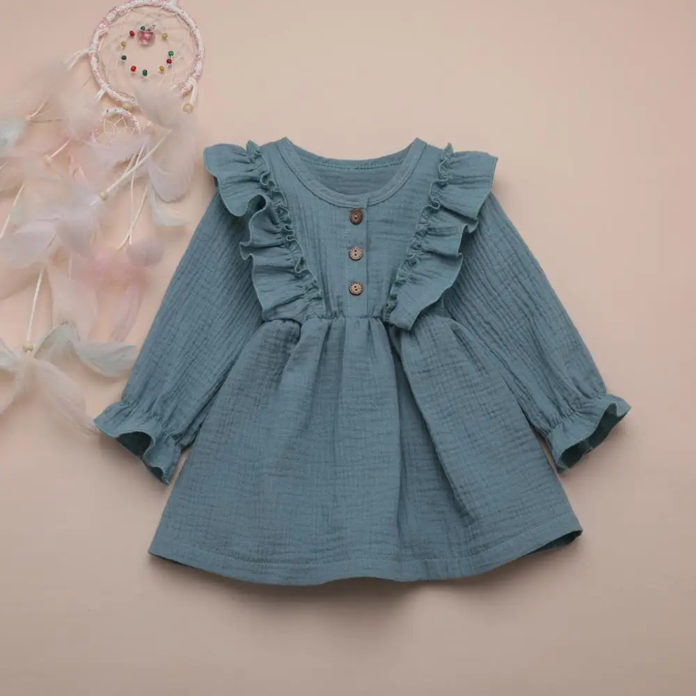 Solid Color Ruffles Children'S Dress fly Long Sleeve Knee-Length dress Linen Button Princess Sukienka Dziewczynka | Детская одежда