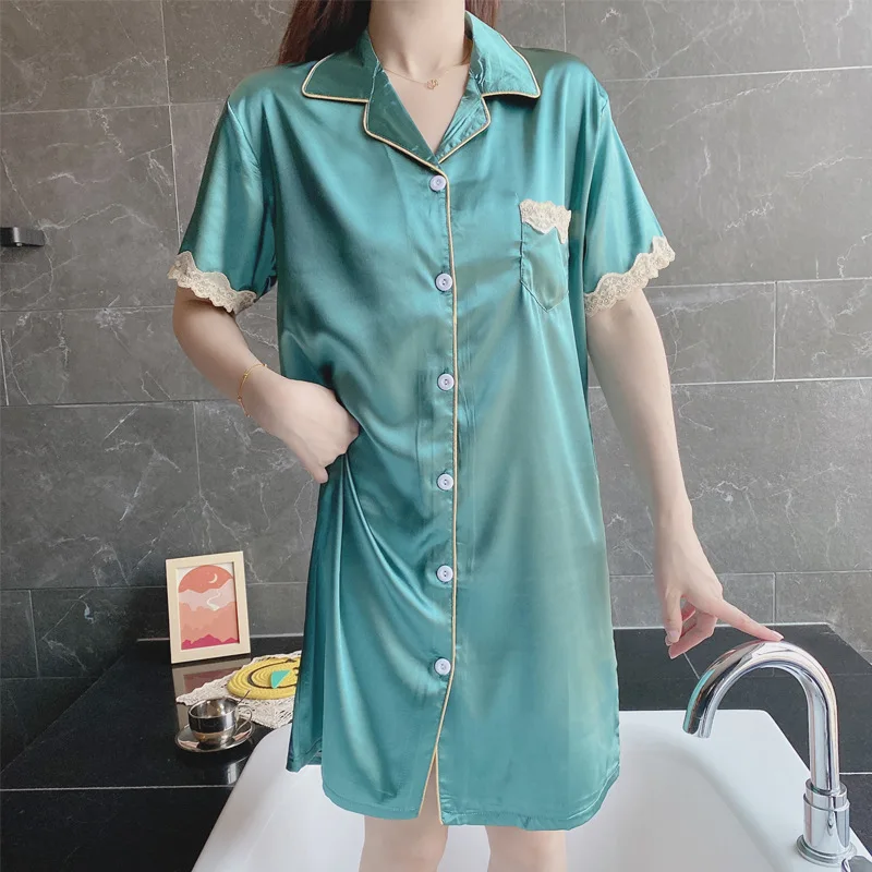 2021 New Nightdress Women's Summer Ice Thin Short Sleeve Cardigan Lace Sexy Nightgown Home Clothes Female Sleepwear Nightwear