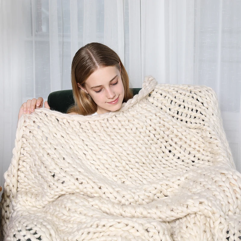 Вязаное одеяло ручной работы из толстой шерсти объемное вязаное большое мягкое