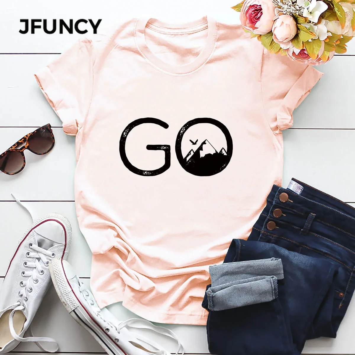 JFUNCY  Women T Shirt Go Hike Print Short Sleeve Tees Woman Tops Casual T-shirts 100% Cotton Female Tshirt