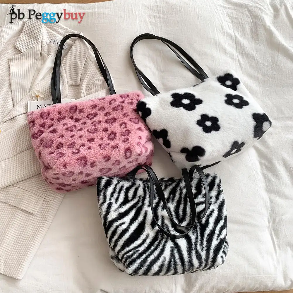 

Female Fluffy Leopard Shoulder Bags Women Retro Leopard Pattern Print Casual Zipper Large Shopping Handbags For Women 2021