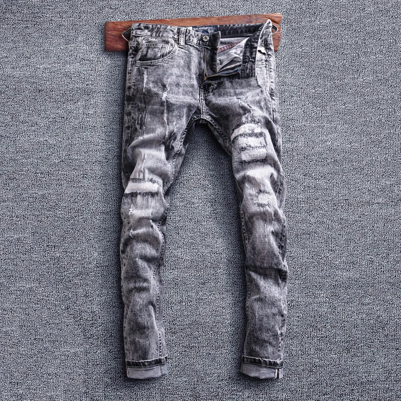 

Italian Style Fashion Men Jeans Retro Gray Elastic Slim Fit Ripped Jeans Men Destroyed Patchwork Designer Vintage Denim Pants